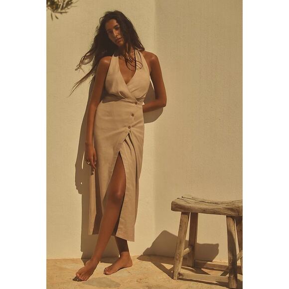 NWT by Anthropologie Linen Halter V-Neck Column Midi Dress $178 XXS Brown - Picture 1 of 6